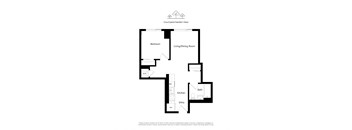 A floor plan of an apartment with a bedroom, living/dining room, kitchen, bath, and entry.