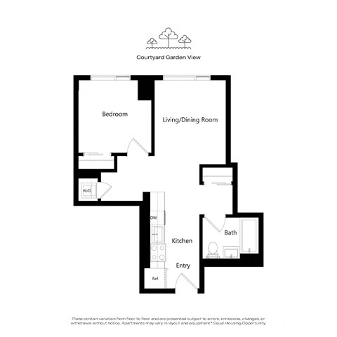 A floor plan of an apartment with a bedroom, living/dining room, kitchen, bath, and entry.