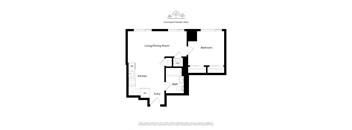 A floor plan of an apartment with a living/dining room, kitchen, bath, bedroom and entry.