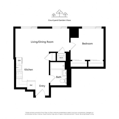A floor plan of an apartment with a living/dining room, kitchen, bath, bedroom and entry.