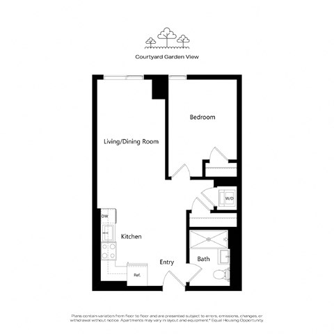 A floor plan of an apartment with a living/dining room, kitchen, bath, and bedroom.