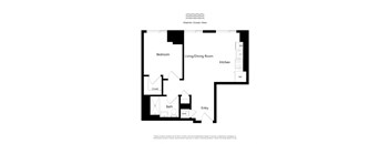 A floor plan of an apartment with a bedroom, living/dining room, kitchen, bath, closet, and entry.