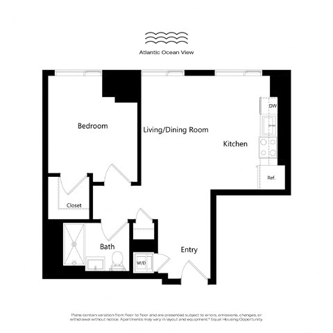 A floor plan of an apartment with a bedroom, living/dining room, kitchen, bath, closet, and entry.