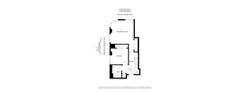 A floor plan of an apartment with a living/dining room, bedroom, bathroom, kitchen, and entry way.