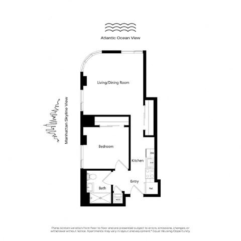 A floor plan of an apartment with a living/dining room, bedroom, bathroom, kitchen, and entry way.