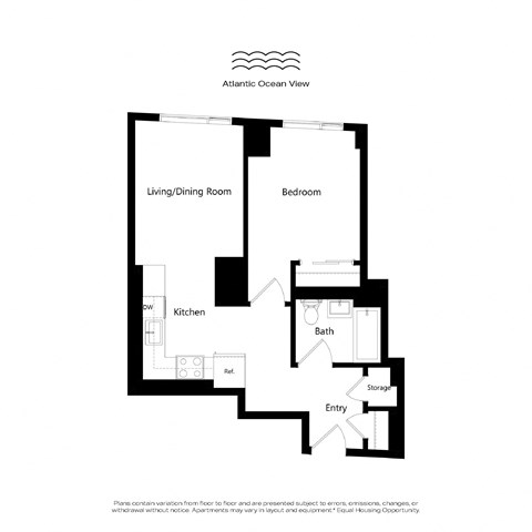 A floor plan of an apartment with a living/dining room, kitchen, bedroom, bath, storage, and entry.