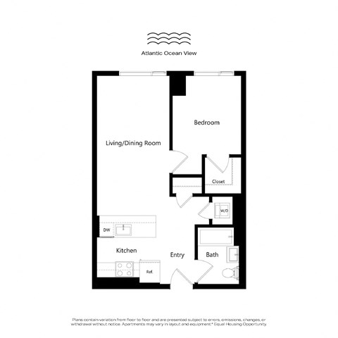 A floor plan of an apartment with a living/dining room, kitchen, bath, and bedroom.