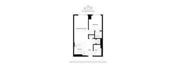 A floor plan of an apartment with a living room, dining room, kitchen, bathroom, and bedroom.