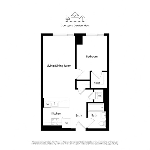 A floor plan of an apartment with a living room, dining room, kitchen, bathroom, and bedroom.