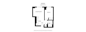 A floor plan of an apartment with a living/dining room, kitchen, entry, bath, and bedroom.