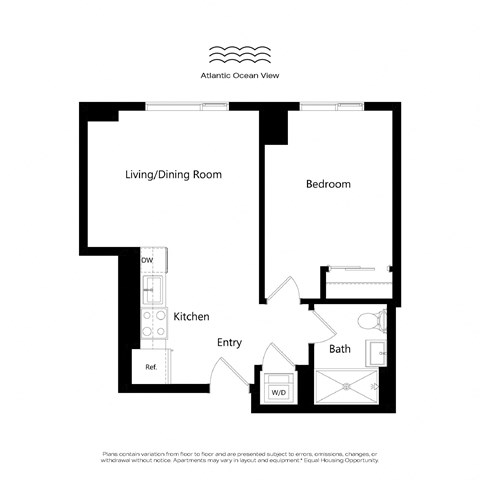A floor plan of an apartment with a living/dining room, kitchen, entry, bath, and bedroom.
