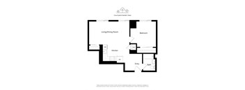 A floor plan of an apartment with a living/dining room, kitchen, bedroom, bathroom, and entry.
