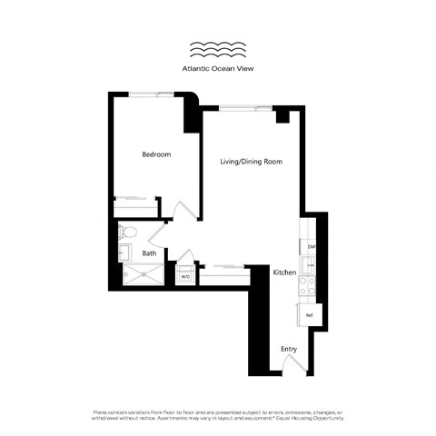 A floor plan of an apartment with a bedroom, bathroom, living/dining room, kitchen, and entry.
