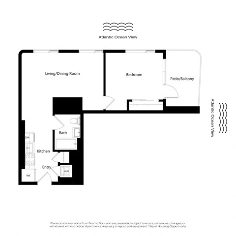 A floor plan of an apartment with an ocean view.
