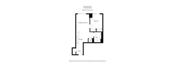 A black and white floor plan of an apartment with a living/dining room, kitchen, bathroom, and bedroom.