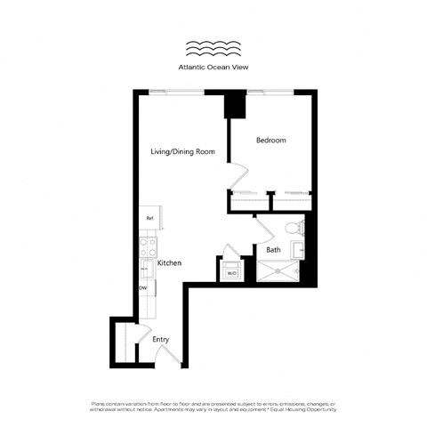A black and white floor plan of an apartment with a living/dining room, kitchen, bathroom, and bedroom.