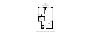 A floor plan of a one bedroom apartment with a living/dining room and a kitchen.