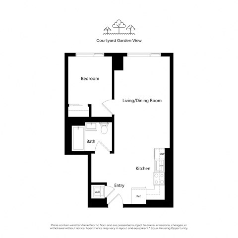A floor plan of a one bedroom apartment with a living/dining room and a kitchen.