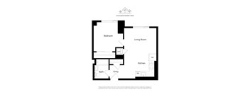 A floor plan of an apartment with a bedroom, living room, kitchen, bathroom, and entry.