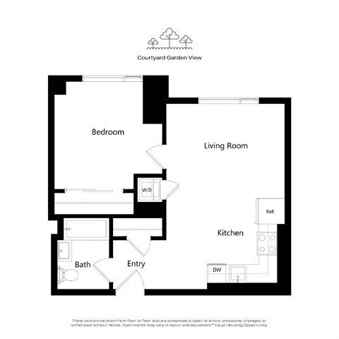 A floor plan of an apartment with a bedroom, living room, kitchen, bathroom, and entry.