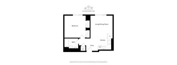 A floor plan of an apartment with a bedroom, living/dining room, kitchen, bathroom, and entry.