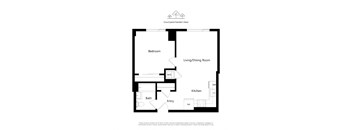 A floor plan of an apartment with a bedroom, living/dining room, kitchen, bath, and entry.