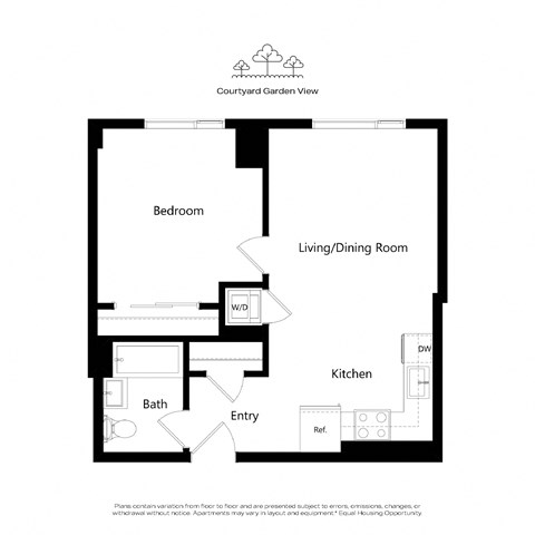 A floor plan of an apartment with a bedroom, living/dining room, kitchen, bath, and entry.