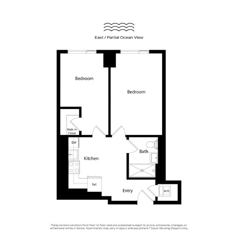 A floor plan of an apartment with a partial ocean view.