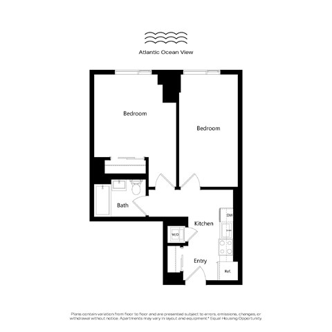 A floor plan of an apartment with two bedrooms, a bath, a kitchen, and an entry way.