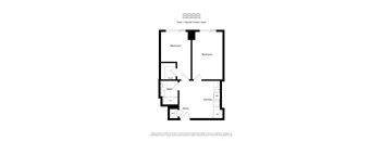 A floor plan of an apartment with two bedrooms, a kitchen, bathroom, closet, and entry.
