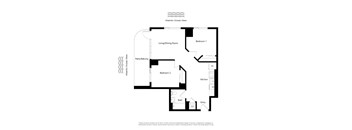 An image of a floor plan for an apartment with two bedrooms, a living/dining room, kitchen, bathroom, and entry way.