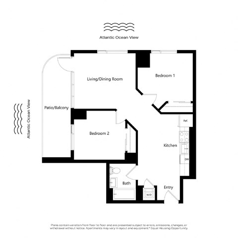 An image of a floor plan for an apartment with two bedrooms, a living/dining room, kitchen, bathroom, and entry way.