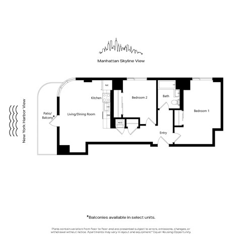 A floor plan of an apartment with a New York and Manhattan skyline view.
