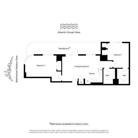 A floor plan of an apartment with a note that balconies are available in select units.