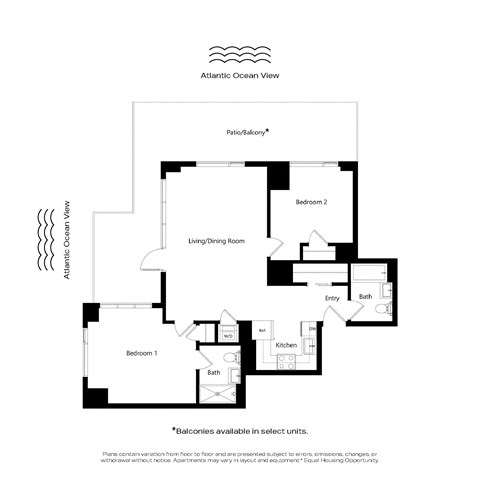 A floor plan of an apartment with a living/dining room, two bedrooms, a kitchen, and a bathroom.