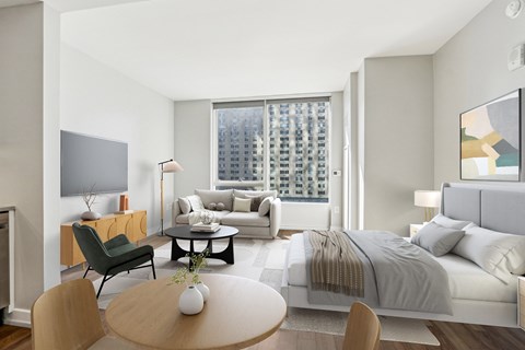 A modern bedroom with a large bed and a television.