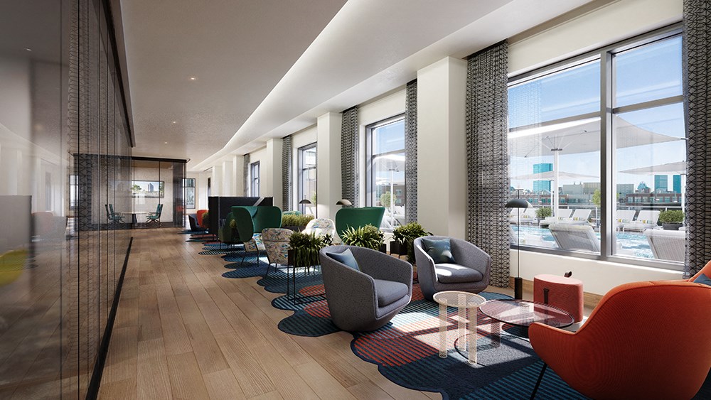 Flex lounge with ample seating and pool deck views