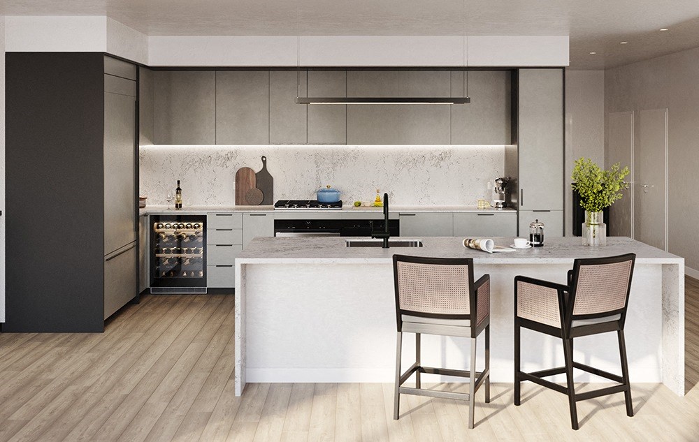 Penthouse Kitchen with panelized appliances, LED downlighting, Caeserstone countertops and Monogram appliances
