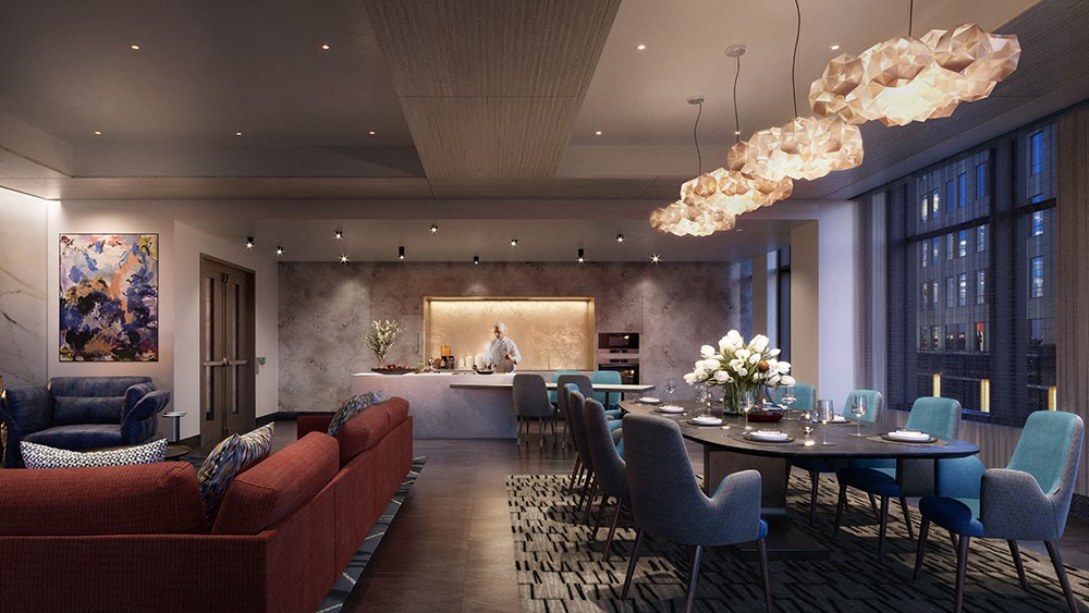 Private dining amenity space with catering kitchen