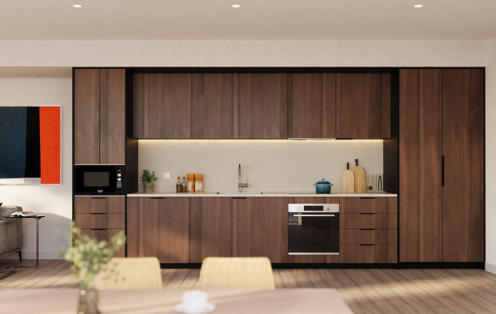 High-end galley kitchen with energy efficient appliances