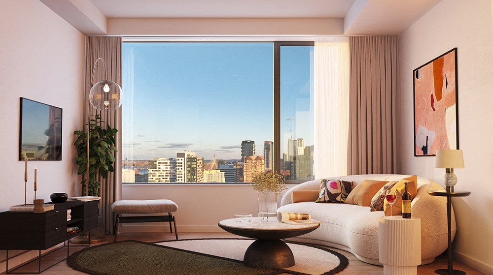 Spacious living room with city views of Boston