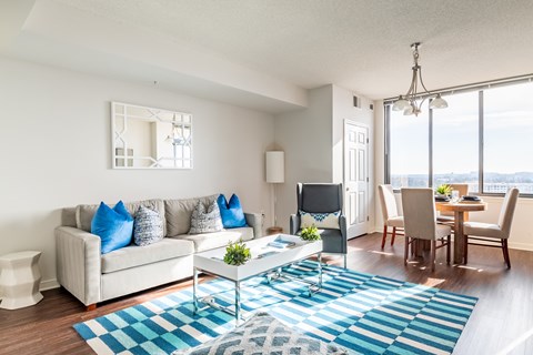 A living room with a white couch and a blue rug.