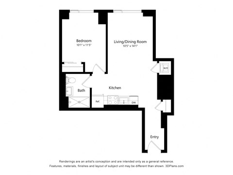 a floor plan of a unit with a bedroom and a living room