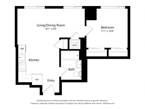 a floor plan of a unit with a bedroom and a living room