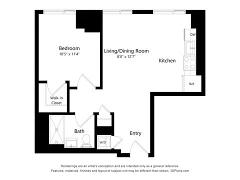 a floor plan of a studio apartment with a bedroom and a living room
