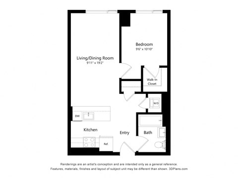 a floor plan of a unit with a bedroom and a living room