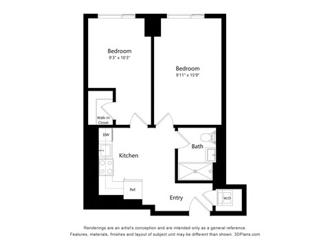 a floor plan of a unit with a bedroom and a den and a kitchen