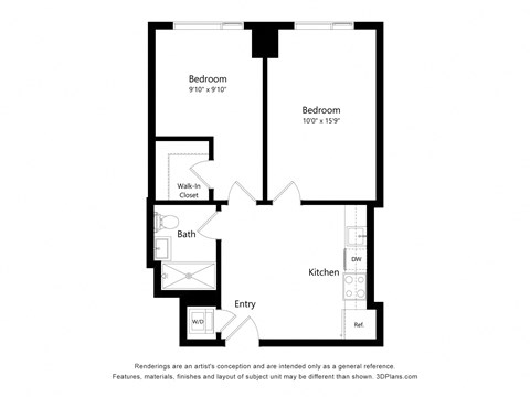 a floor plan of a unit with a bedroom and a den and a kitchen