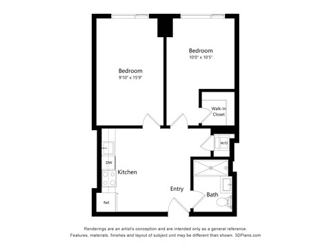 a floor plan of a unit with a bedroom and a den and a kitchen
