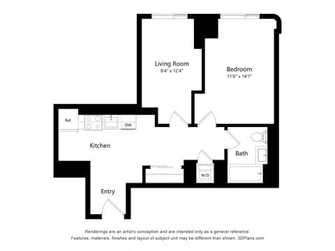 a floor plan of a unit with a bedroom and a living room and a kitchen